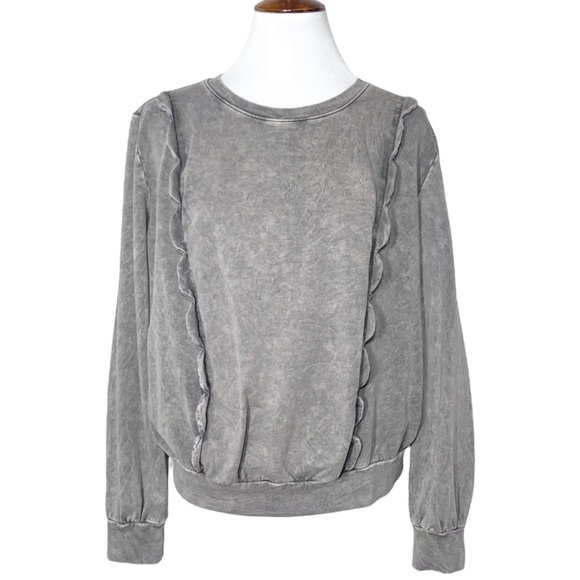 Anthropologie Sweaters - Anthropologie Marbled Grey Scalloped Ruffled Long Sleeve Sweatshirt Jumper Top L